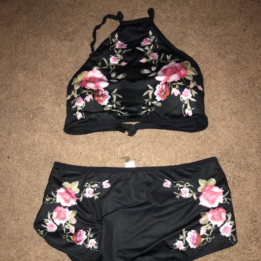 Black Floral High Waisted Tankini Set